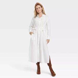 Universal Thread Long Sleeve Cinch Waist Maxi Shirtdress White Size M Pockets